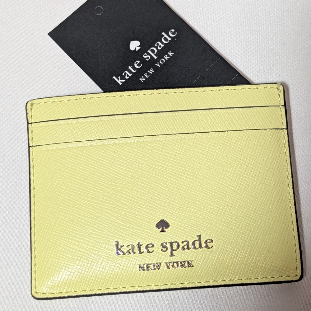 Kate Spade New York Saffiano Leather Slim Card Holder Wallet Tennis Ball Yellow - Picture 2 of 5